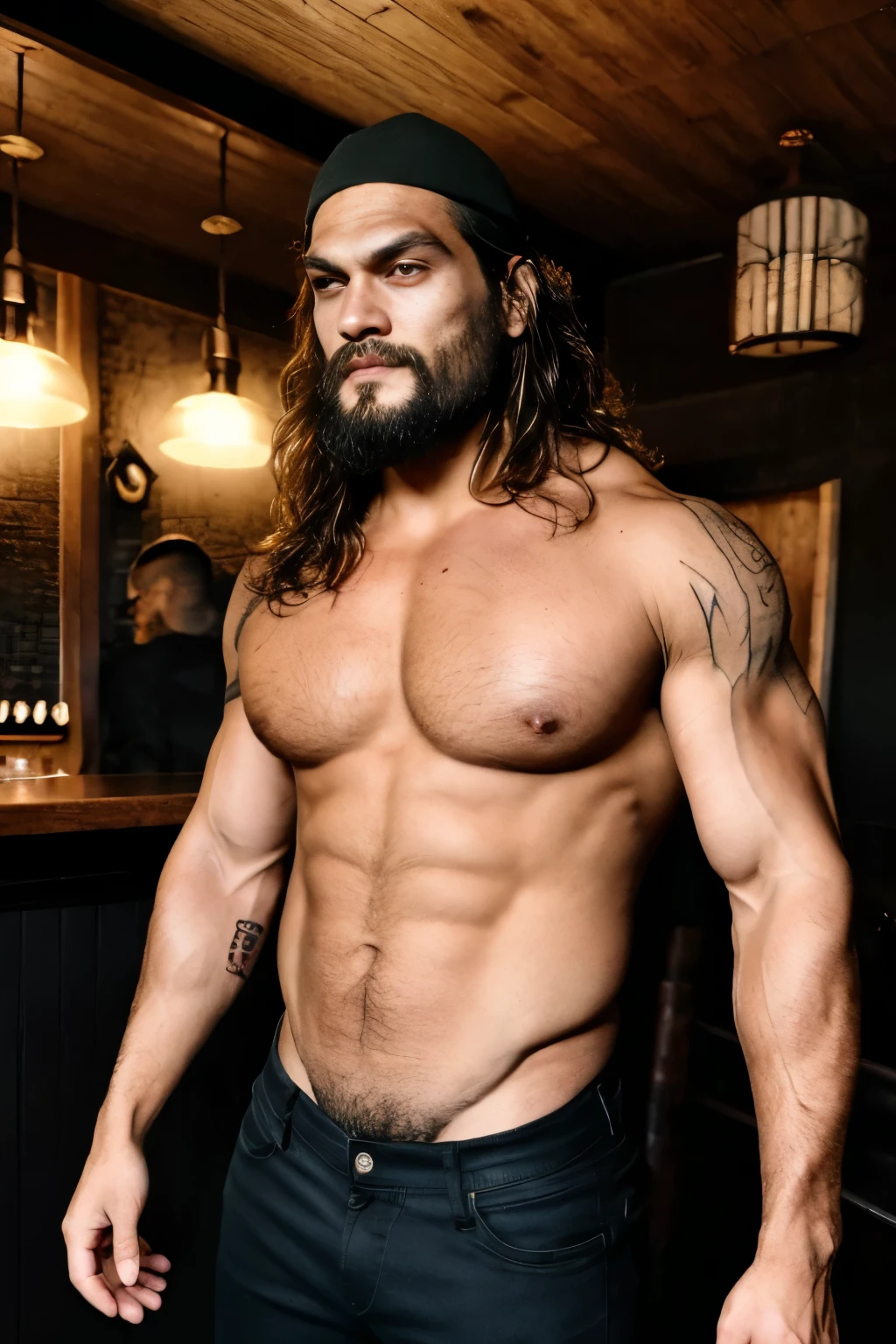 Homem tatuado, cabelos longos, corpo gigantesco, musculos grandes, abidominais cortados, peitoral imenso, biceps imensos, barbudo, barba preta, Jason momoa, olhos azuis, Jason momoa como conan, jason momoa, muito forte, zeus robusto, sons of anarchy, roqueiro, camisa de banda, black pant , pernas fortes, lindo, sexy, super bonito, super forte, cbum, bodybuilder, tatuagem de caveira, halloween, num bar, pub, europa antiga, cigano, argolas na orelha, muito tatuado, tattoed, corpo gigante, Henry cavil, Macho de verdade, homem alfa, homem bruto, cara de malvado, malvadão, testosterona pura, exalando masculinidade, viril