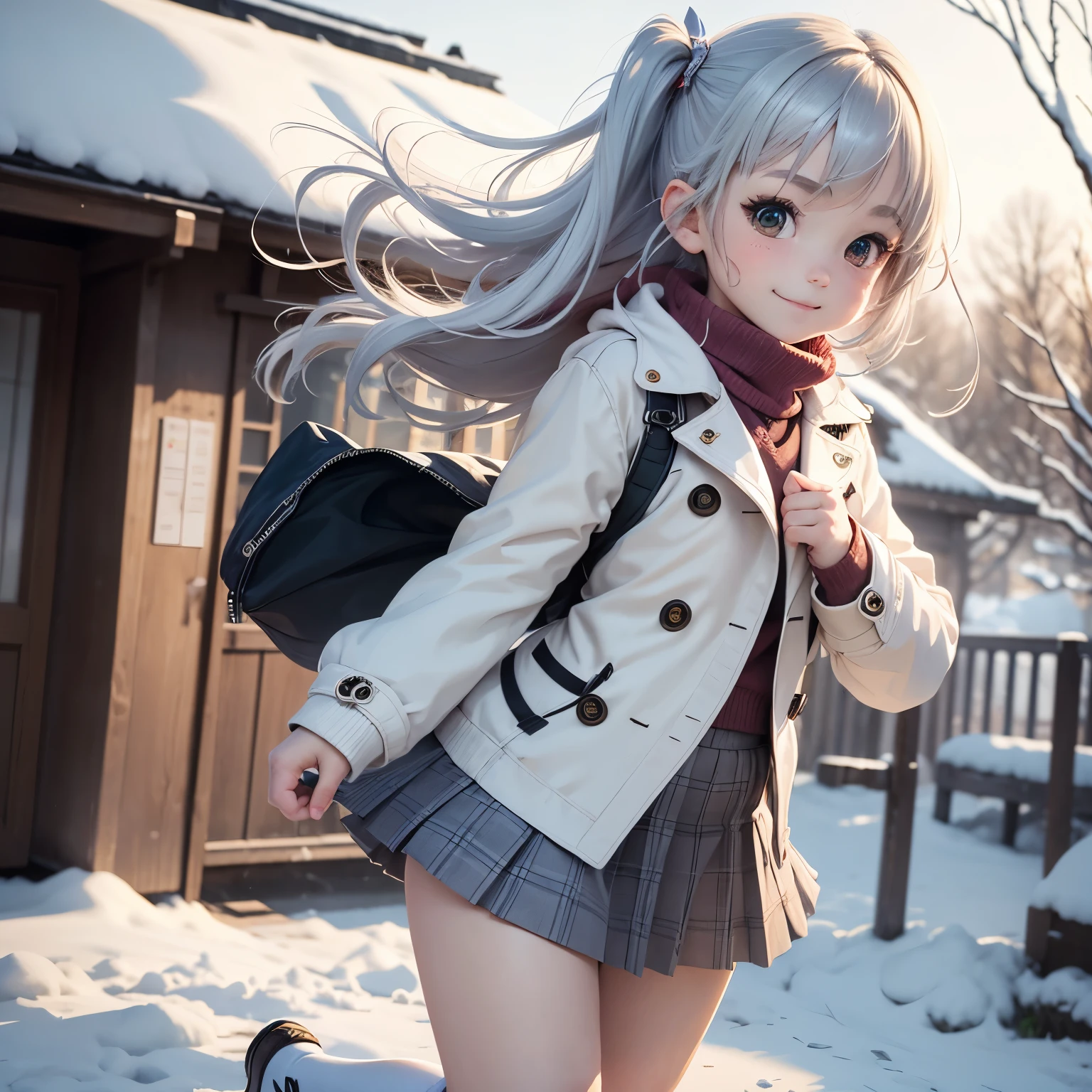 masterpiece、top-quality、ultra-detailliert、(Chibi Chara:1.27),On the way off school, The white bob sways in the wind,glen plaid miniskirt,high socks,Trench coat for the winter,fairy tale snow forest,a smile,running happily