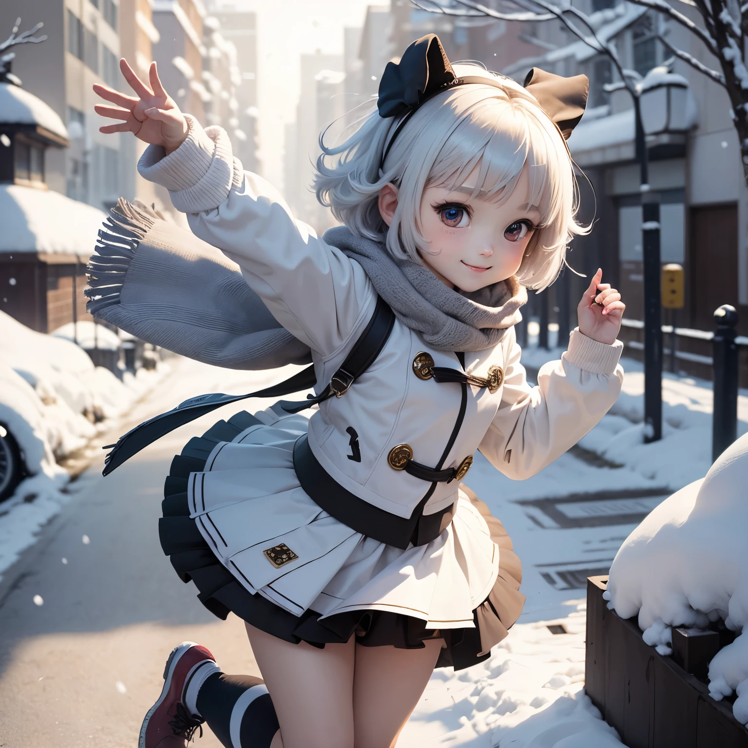 masterpiece、top-quality、ultra-detailliert、(Chibi Chara:1.27),On the way off school, The white bob sways in the wind,glen plaid miniskirt,high socks,Trench coat for the winter,fairy tale snow forest,a smile,running happily