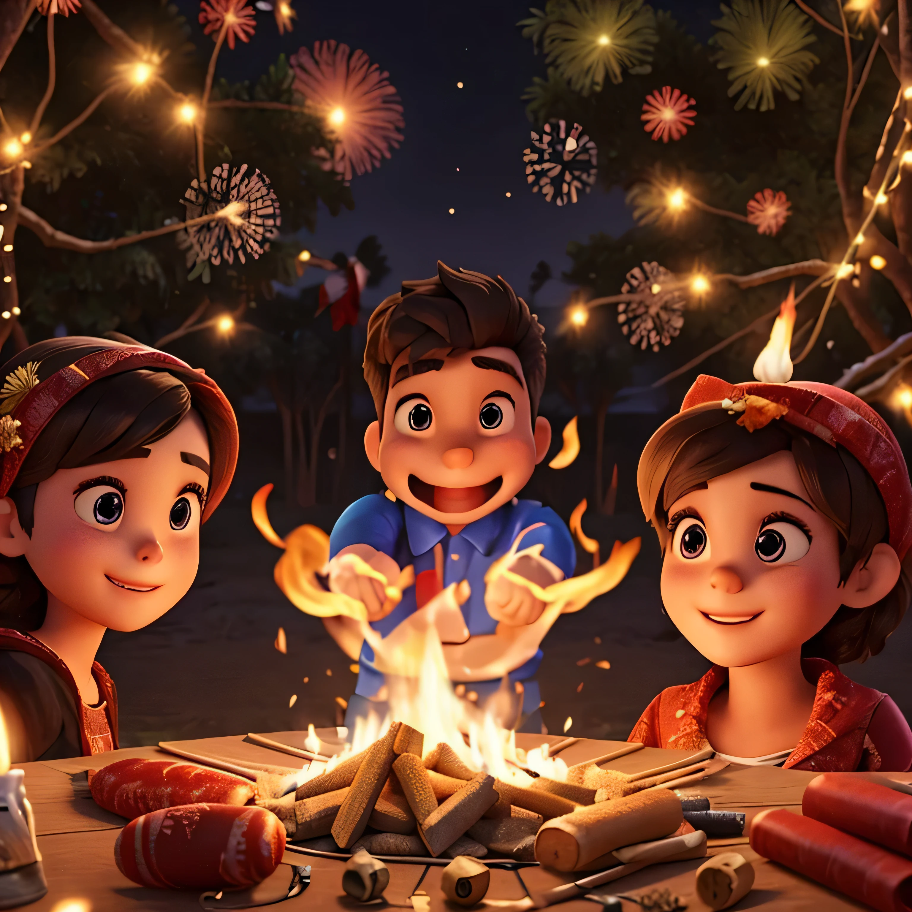new years party, fire work, night, 4 people, detail face, happy