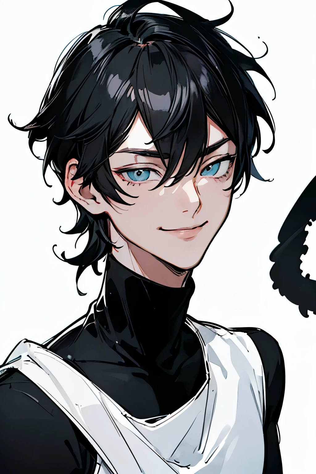 best quality, high resolution, clean background, high contrast, (((1boy:1.1))), line-drawing, sketch, ((tight medium shot))), white background, clean line drawingringe hairstyle), (naughty face), smile face, (((allblack-turtleneck))), (((dark-haired)))), (Mashed Hair), ((dark-eyescolor:1.5)), white skin,