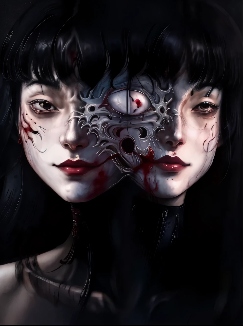 Cartoon illustrations by Junji Ito, Close-up of a woman with two faces joined together, The first black cat demon face had only the whites of its eyes.. The second face was normal and smiled evilly. There's blood on the face.. At the point where the faces meet, the skin stretches and torn