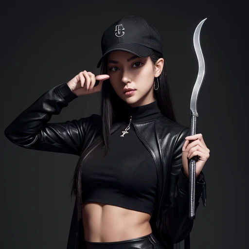 I want to put together a girls character wearing a black outfit, with a dark tone, and who is holding a sickle in his right hand with the initials EM on it.