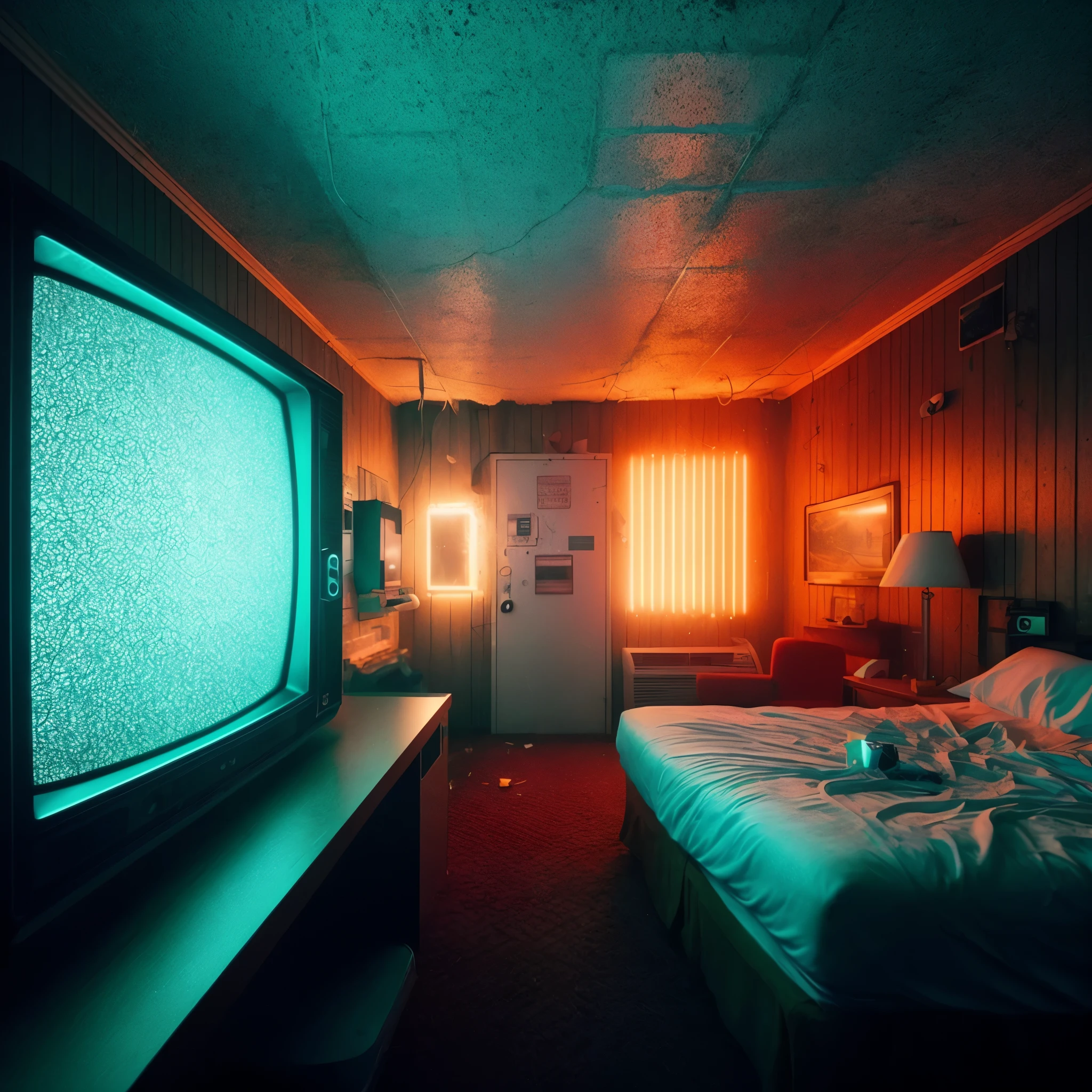 there is a bed and a television in a room with a green light, artem demura beeple, inspired by Elsa Bleda, realism | beeple, beeple. hyperrealism, beeple |, beeple and mike winkelmann, recusion beeple, beeple daily art, by Beeple