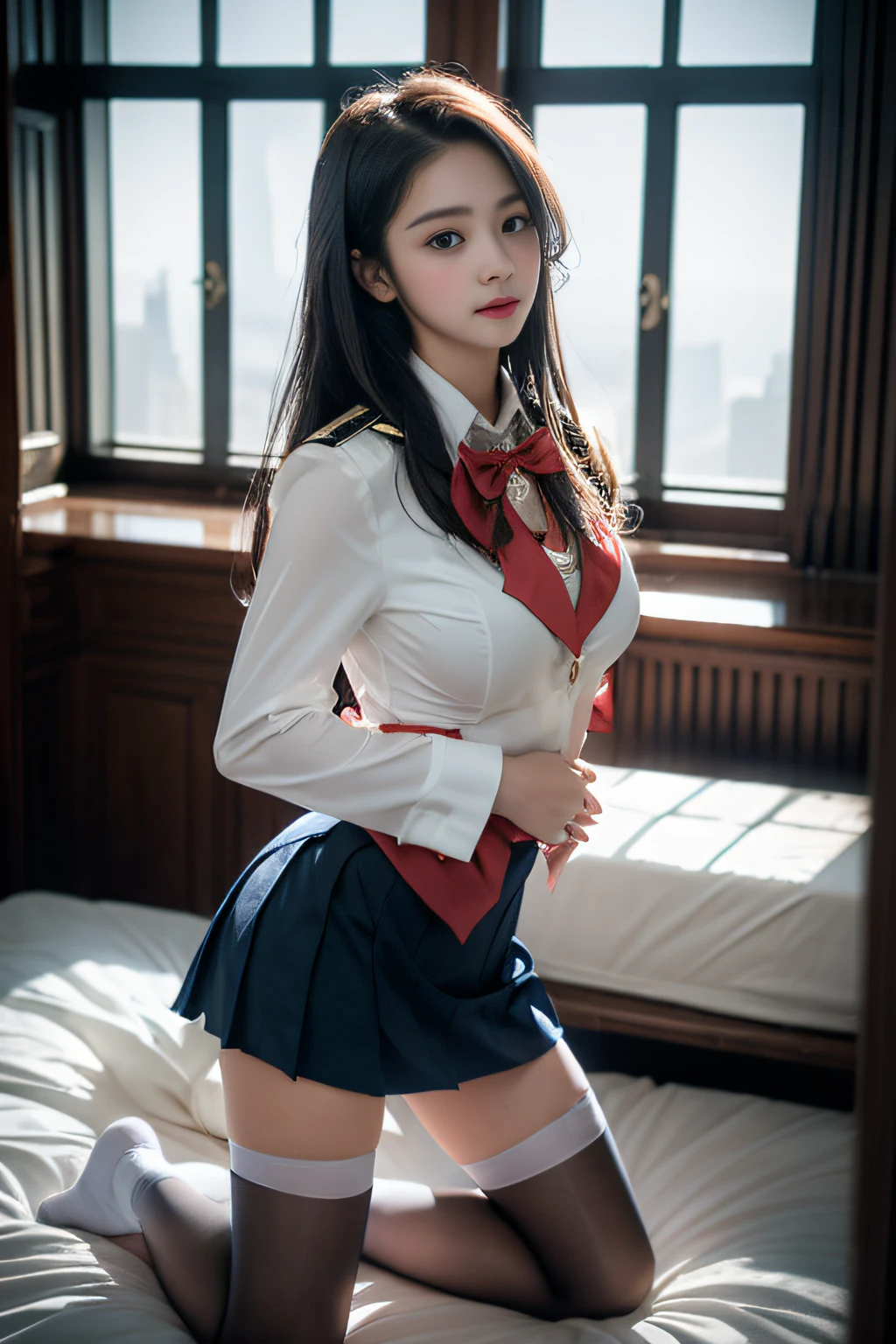 ((Female student kneeling in front of the bed )),Charming eyes,Heartwarming action,Turn your face away from the camera,stooped,Bend over,turn back,Look up at your head,thick and long black hair,Highly detailed body,Highly detailed face,best qualtiy、(P boobs iNK underwear),(High School Girls),((White Blazer、emblem on breasts))、((Translucent blouse)),((red bowtie)),((navy check flare skirt)),(Black stockings)、((Outside the window, Hazy skyscrapers))