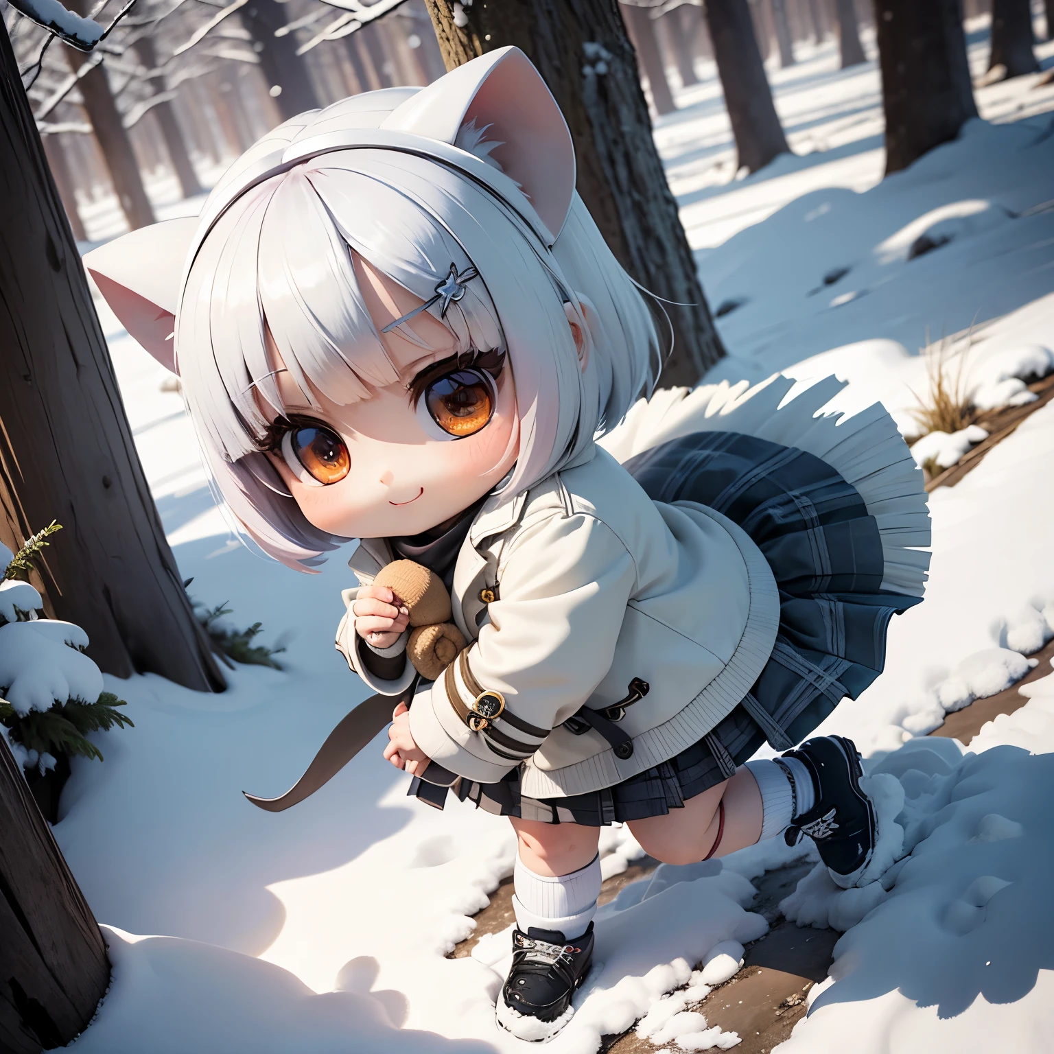 ​masterpiece、top-quality、ultra-detailliert、(Chibi Chara:1.27),On the way off school, The white bob sways in the wind,glen plaid miniskirt,high socks,Trench coat for the winter,fairy tale snow forest,a smile,running happily,full bodyesbian