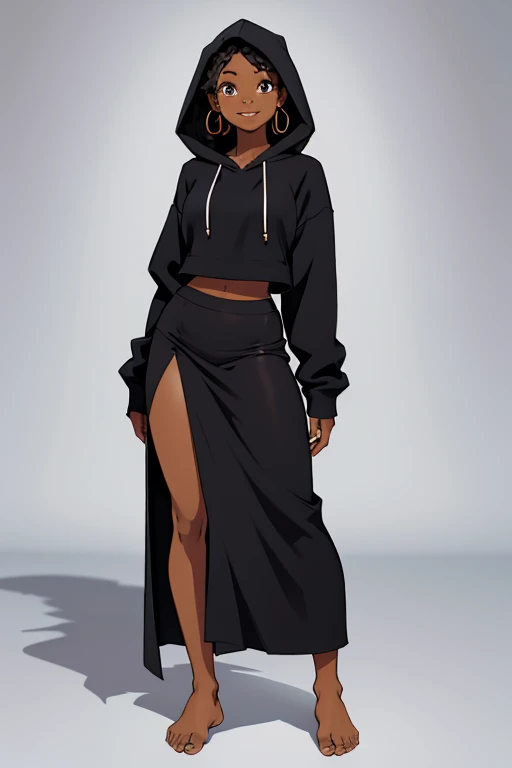 a beautiful happy barefoot black woman, with a black long skirt anda hoodie, standing,.