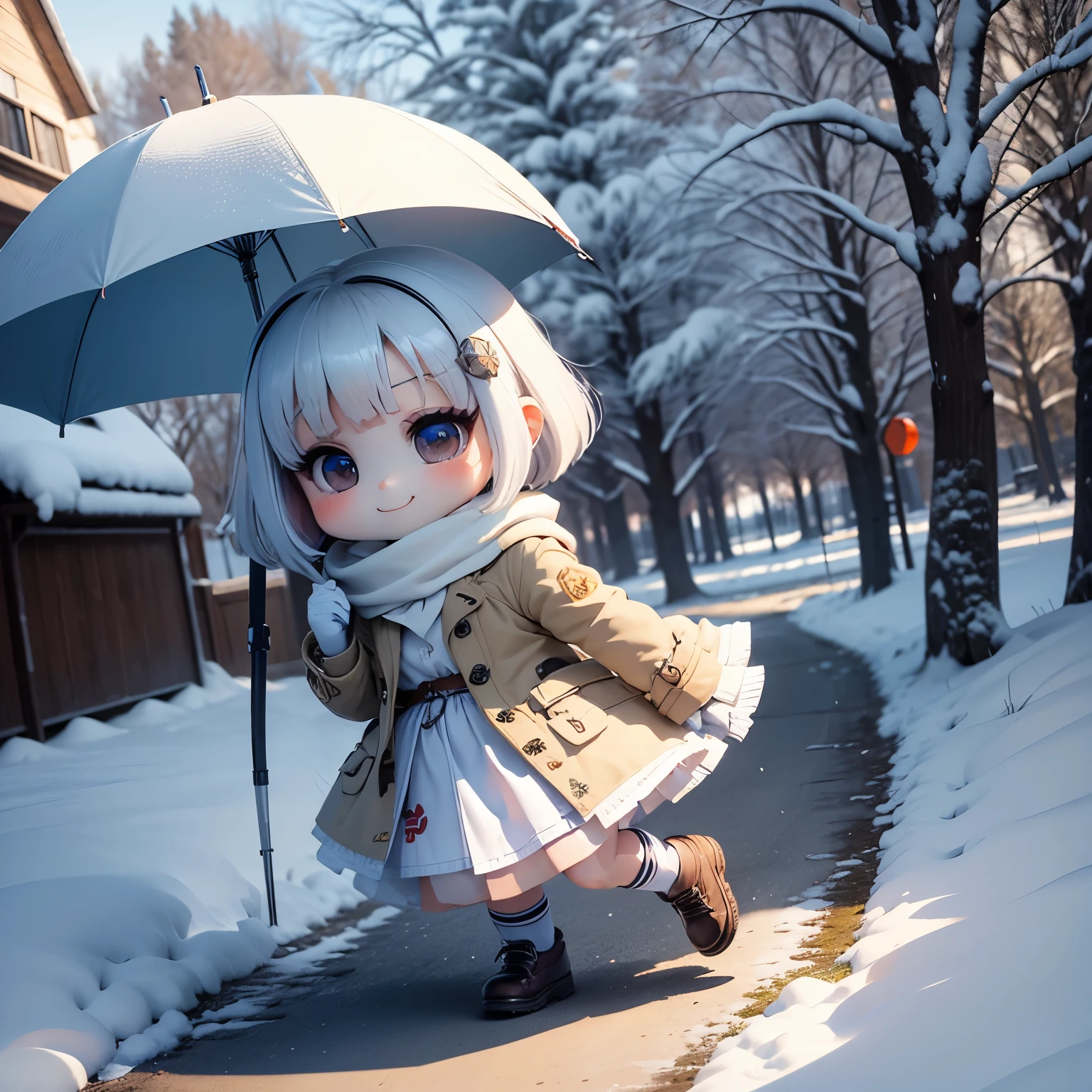 ​masterpiece、top-quality、ultra-detailliert、(Chibi Chara:1.27),On the way off school, The white bob sways in the wind,glen plaid miniskirt,high socks,Trench coat for the winter,fairy tale snow forest,a smile,running happily,full bodyesbian