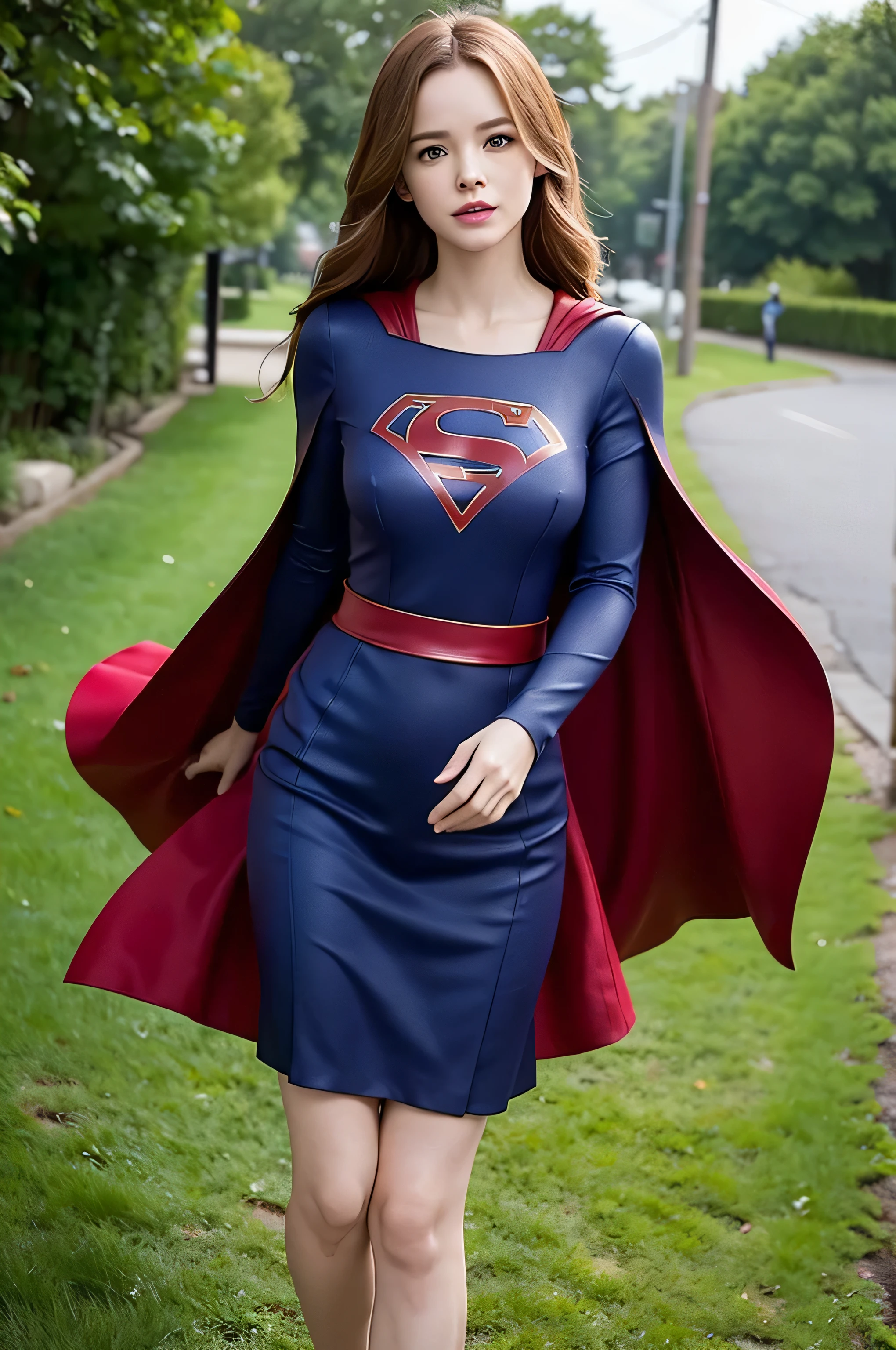 Danielle Panabaker, She's in《Supergirl》villages, realistic uniform, Full body photo. vague background, redcloak, she is perfect, plumw, firm legs and two. Full body photo, 45 days of sunshine, Your hair is fluttering in the wind.