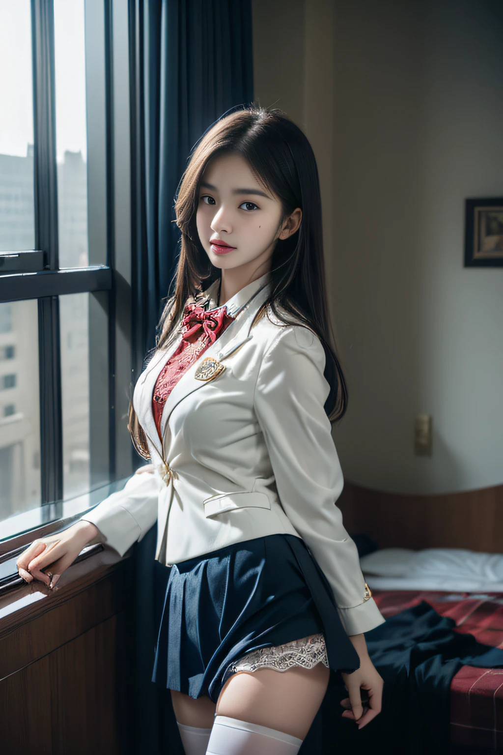 ((Female student standing in front of the bed ))，Charming eyes，Heartwarming action，Turn your face away from the camera，stooped，Bend over，turn back，Look up at your head，thick and long black hair，Highly detailed body，Highly detailed face，best qualtiy、(P boobs iNK underwear),(High School Girls),((White Blazer、emblem on breasts))、((Translucent blouse)),((red bowtie)),((navy check flare skirt)),(Black stockings)、((Outside the window, Hazy skyscrapers)),((White lace panties are visible))