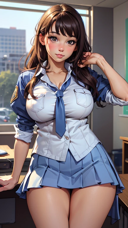 (best quality,4k,8k,highres,masterpiece:1.2),ultra-detailed,(realistic,photorealistic,photo-realistic:1.37),portraits,schoolgirl outfit,blue high cut coat,blue mini skirt,white shirt,perky breasts,beautiful detailed eyes,beautiful detailed lips,shy girl,blushing,thick thighs,bent over desk,classroom lighting,realistic lighting