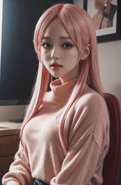 a close up of a woman with long blonde /pink hair and a red sweater, realistic anime 3 d style, realistic anime artstyle, hyper realistic anime, kawaii realistic portrait, realistic anime art style, anime realism style, 3 d anime realistic, realistic anime, trending on cgstation, photorealistic anime, inspired by Yanjun Cheng, realistic young anime girl, semi realistic anime