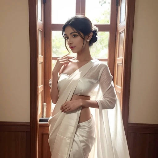 a cute woman in a white silk sari posing for a picture, featured on instagram, seductive, angular, , hot, sexy,