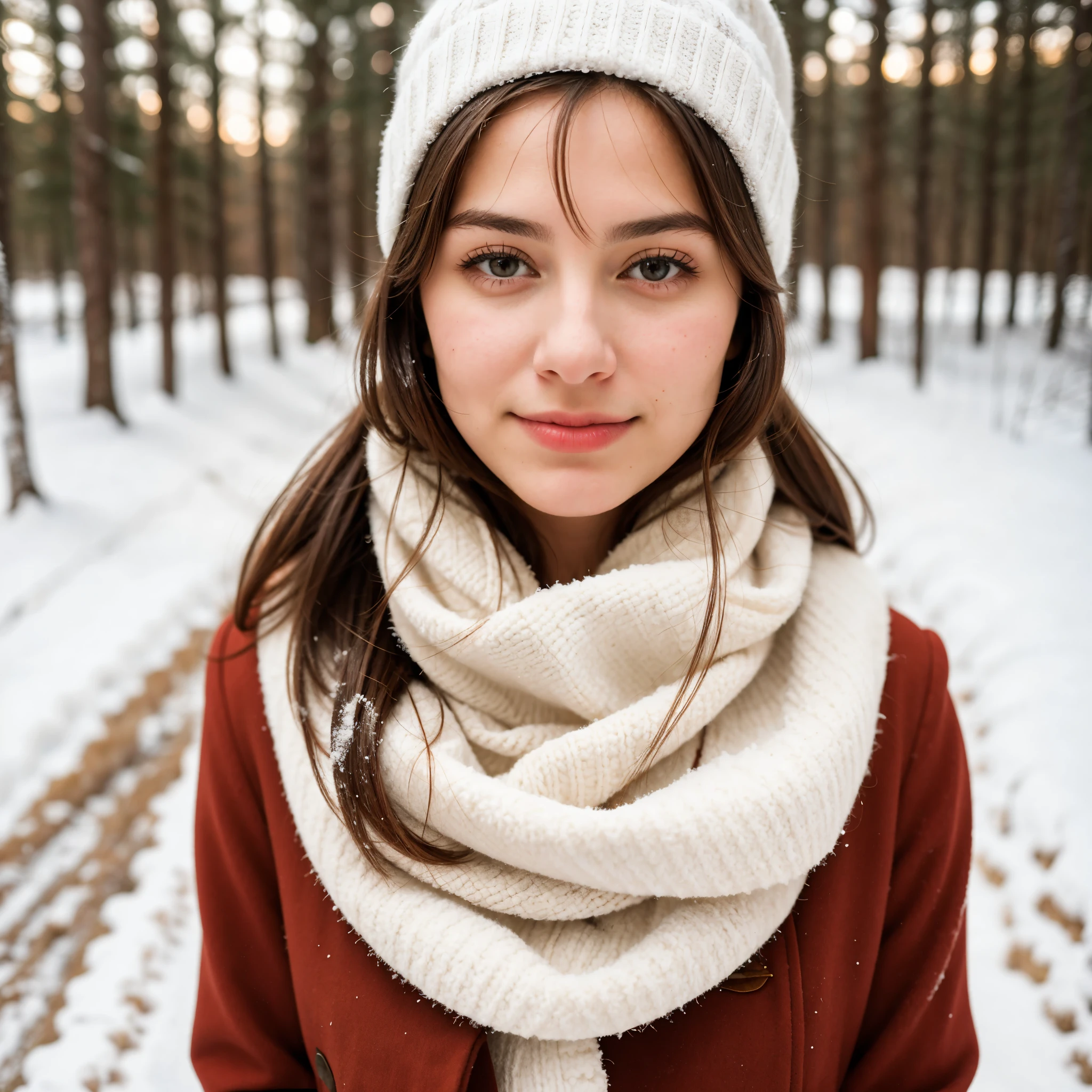 A well-lit portrait (Closeup:1.15) (average shot portrait:0.6) Photograph of a beautiful Italian woman standing on snowy trail, wearing warm outfit, blurred background, Looking at me, slight shy smile, , film grain, 35 mm, cute style, 8k, Raw photo,