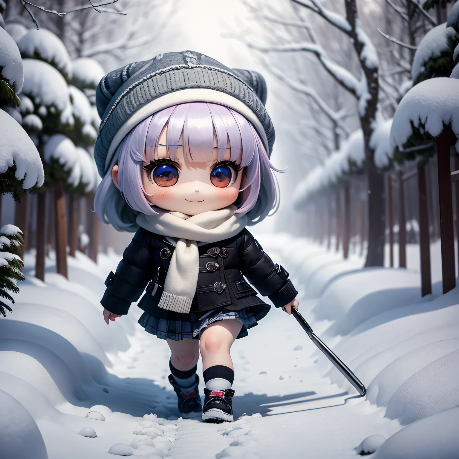 masterpiece、top-quality、ultra-detailliert、(Chibi Chara:1.27),On the way off school, The white bob sways in the wind,knit hat,glen plaid miniskirt,high socks,Trench coat for the winter,fairy tale snow forest,a smile,running happily
