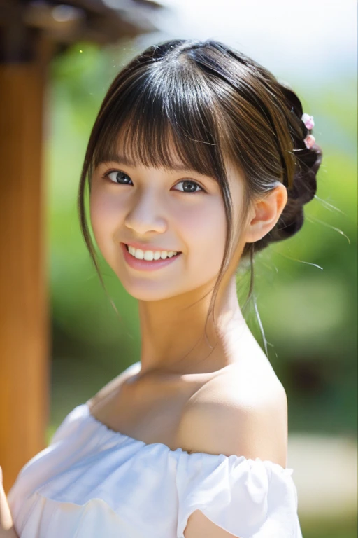 (((masterpiece))), 超A high resolution, realistic, ultra-detailliert, 8K,top-quality, Extremely detailed, Detailed background, (Two Japan Beautiful Girls, couple focus, classmates, Pure and innocent,kawaii, 14years) ,A slender,very beautiful japanese girl, Detailed face:1.3), (Boyish short-haired :1.4), (a baby face,kawaii系,愛くるしい14years), (Perfect body:1.1), White dress, Please show me your beautiful teeth,Bursting smile, beautiful off shoulder clavicle、White hair scrunchie,Super Detailed Face、Detailed lips、A detailed eye、small gravure idol,Transparent skin