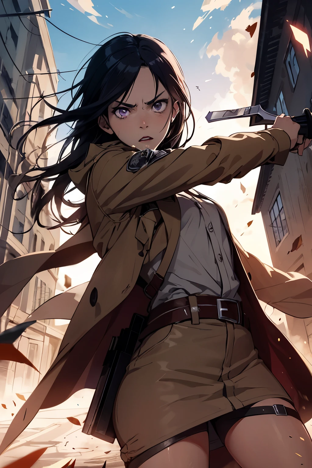 Purple eyes, small lips, sharp nose, cute, white skin, long black hair,girl,attack on titan, Is fighting Oppose titan, Holding a sword, Wearing a robe, Being angry, dress attack on titan
