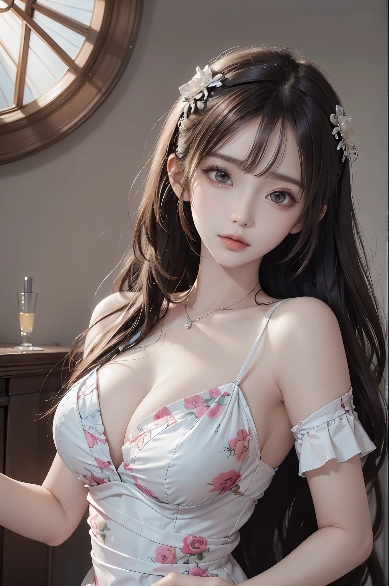 print dress,off shoulder,, Best quality,Ultra-detailed,Realistic,A high resolution,Portrait,Beautiful woman, Palatial bed,ornate bed,Flawless makeup,suns rays,Beauty,elicate and refined,Stunning,