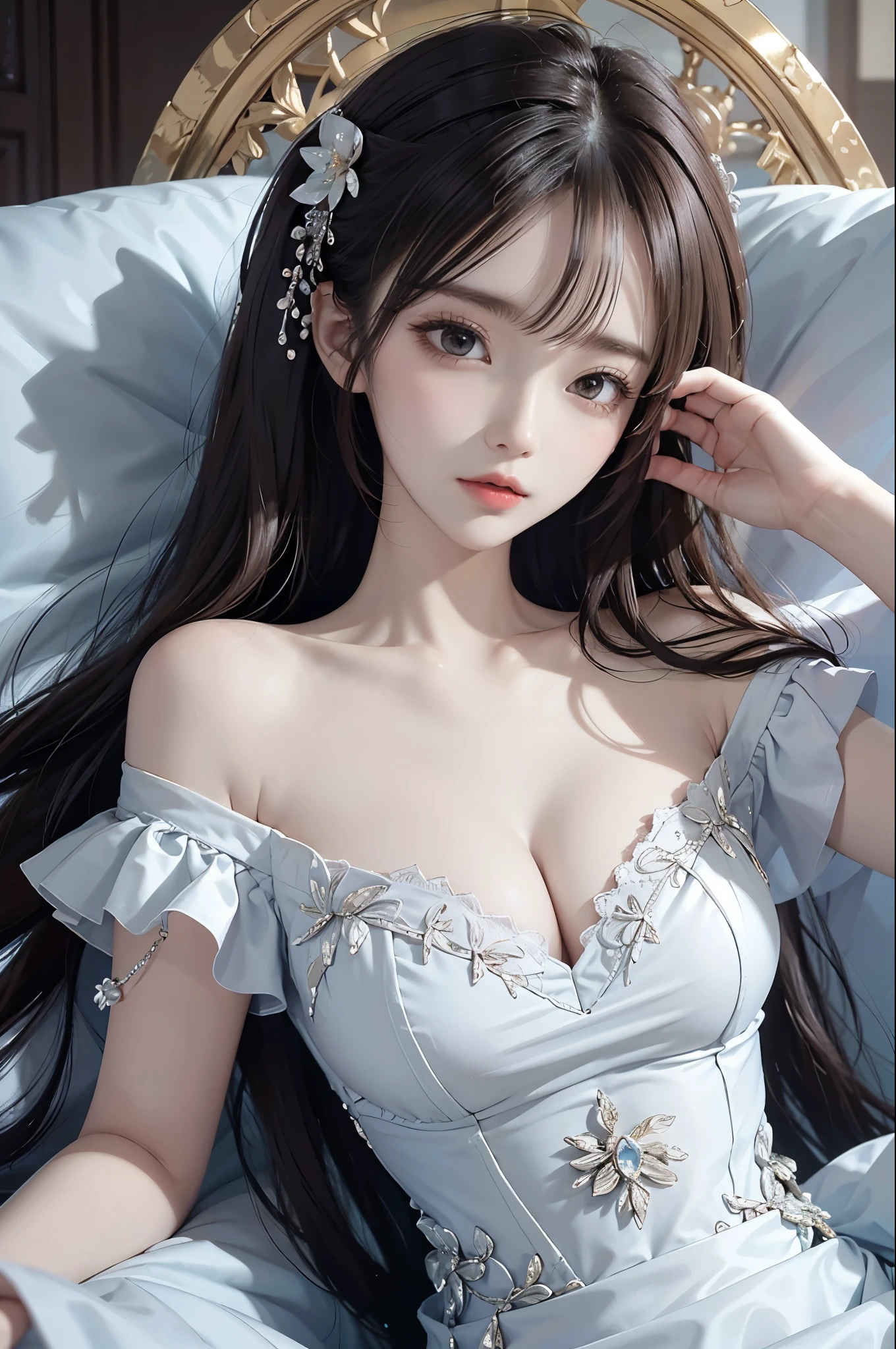 print dress,off shoulder,, Best quality,Ultra-detailed,Realistic,A high resolution,Portrait,Beautiful woman, Palatial bed,ornate bed,Flawless makeup,suns rays,Beauty,elicate and refined,Stunning,