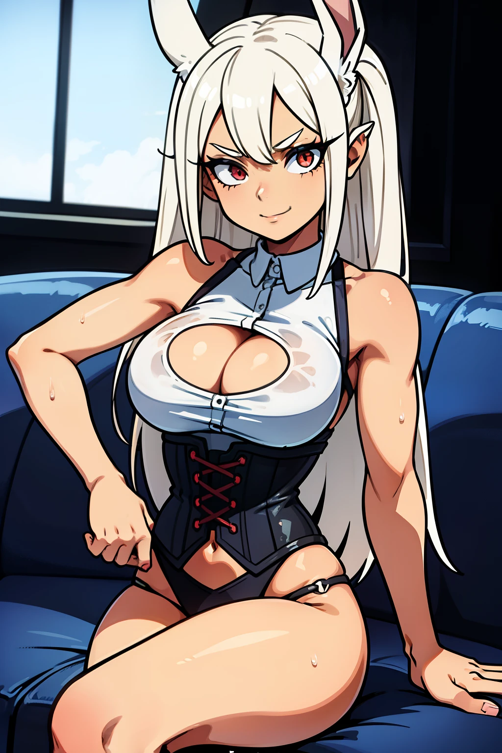 Cute girls,ojos rojos redondos, cabello blanco、orejas de conejo,sexy、sonriendo,Peinado liso medio a largo、（Bigboobs,lleva un corset verde，En una casa de alquiler，sitting on the couch，Noche，estaba lloviendo afuera，Upper body is wet.,cuerpo entero,corset verde