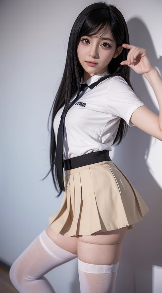 Arad woman poses for a photo in a short skirt and white shirt, Surrealism female students, Surrealism female students, Realistic schoolgirl, photorealistic anime girl rendering, thighhighs and skirt, 3 d anime realistic, small curvaceous , wearing skirt and high socks, Photorealistic anime, cute female student, Realistic anime 3 D style, Female Student