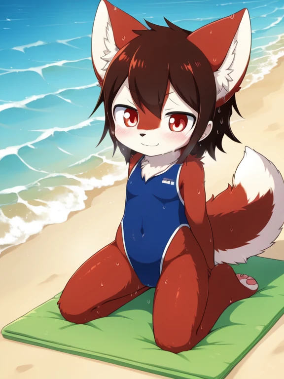 Alone, External, Red pupils,, (wet fur:1.4), detailed hair, young，one piece swimsuit,Firmware version, furry anime, Bragon, very cute face, face flushed, Playful, young, detailedbackground, Detailed fanart, pixiv, digitial painting, tmasterpiece, high high quality, A high resolution，knelt on the beach，random colors，random species，solo portrait，posterior view，Foot mats，legs separated，The tail is in the right place