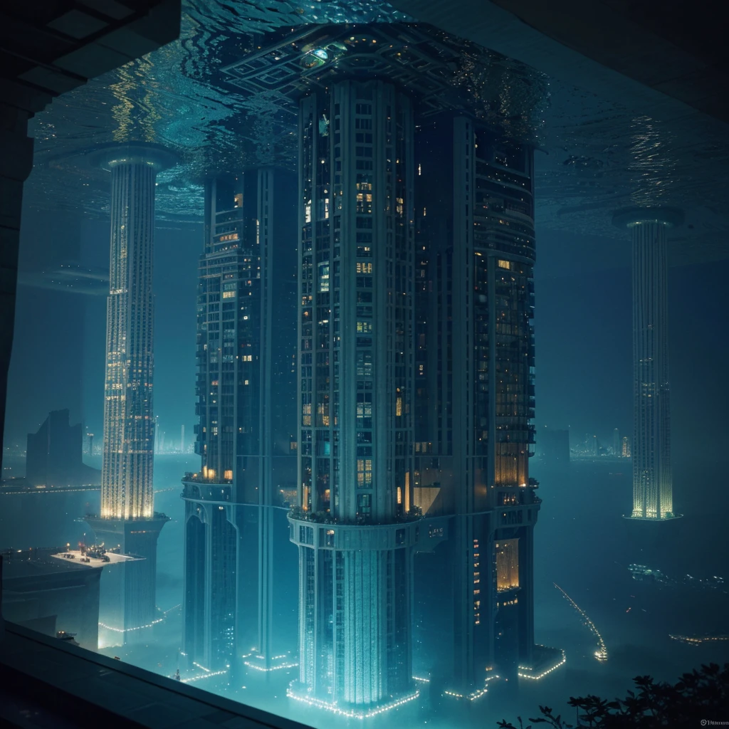 In the depths of the virtual ocean, A submerged city reveals its surreal splendor. This captivating photo depicts a futuristic metropolis, Its skyscrapers and complex architecture are made of luminous glass, Blending perfectly with the ethereal blue of the surrounding aquatic environment. The city's vibrant lights dance in ripples, Create mesmerizing displays of color and movement. Every detail, From intricate architectural designs to underwater flora and fauna, captured perfectly, This digitally enhanced photo is a true masterpiece of visual art. It masterfully captures the breathtaking beauty and grandeur of this fictional underwater world, Bringing the audience into a realm where imagination and reality coexist harmoniously.