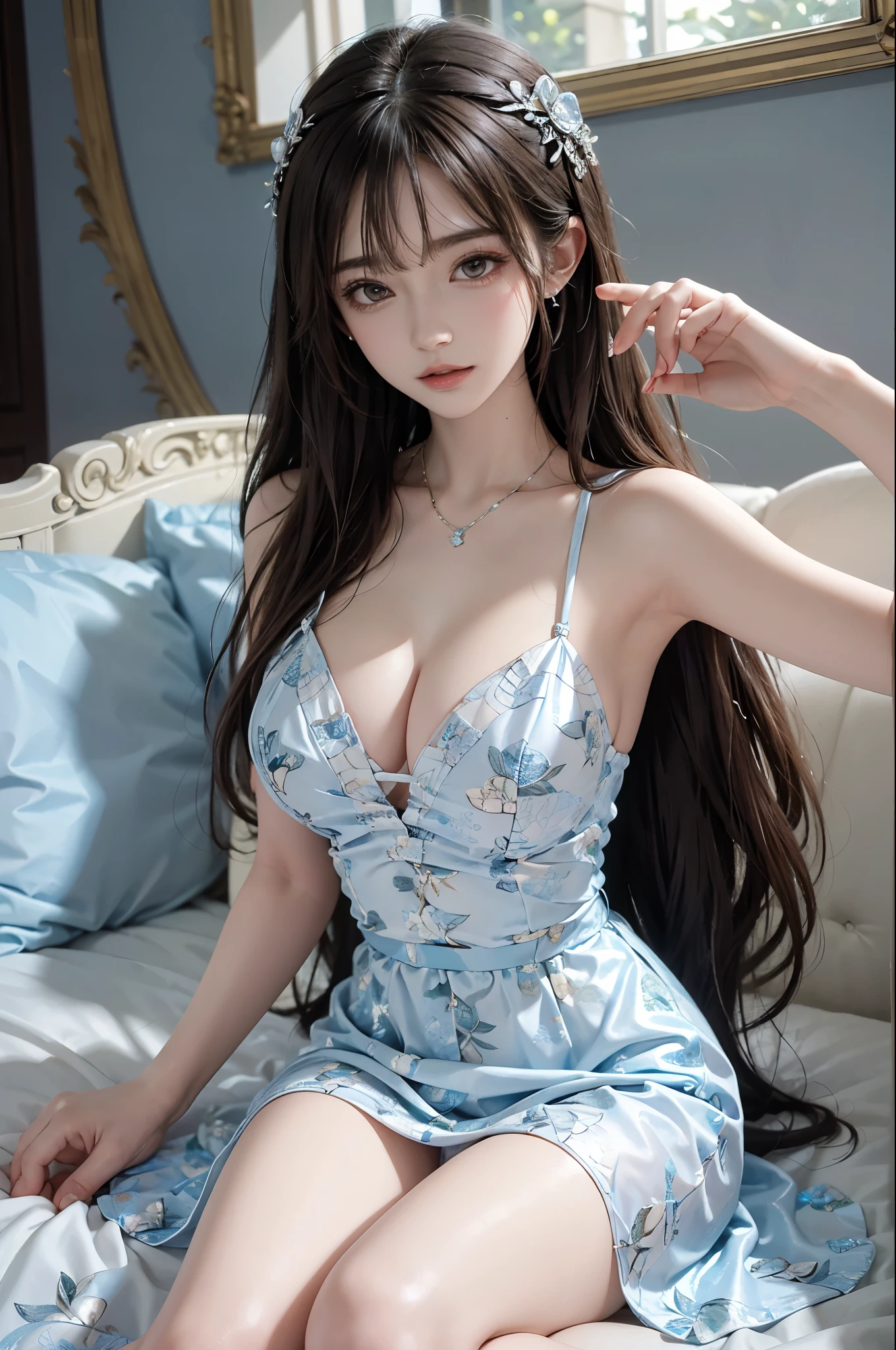 bare shoulders, dress, Best quality,Ultra-detailed,Realistic,A high resolution,Portrait,Beautiful woman, Palatial bed,ornate bed,Flawless makeup,suns rays,Beauty,elicate and refined,Stunning,