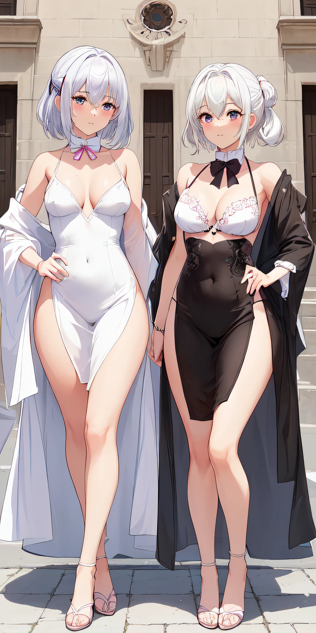 (((profesional: Paso a paso, taking into account even the smallest detail, Resultado final a nivel de Dios, todos los detalles intrincados, solo 2 chicas))): "Chica anime with white hair and pink bow tie in front of a building, Chica anime: Haruno Sakura, Anime style", Deidad de pelo blanco, Mejor chica de anime, cuerpo muy atractivo, pecho grande, escote en H muy amplio, Vista lateral aleatoria, todos los detalles intrincados de la imagen, Obra maestra, pose muy sexy, vestidos cortos"