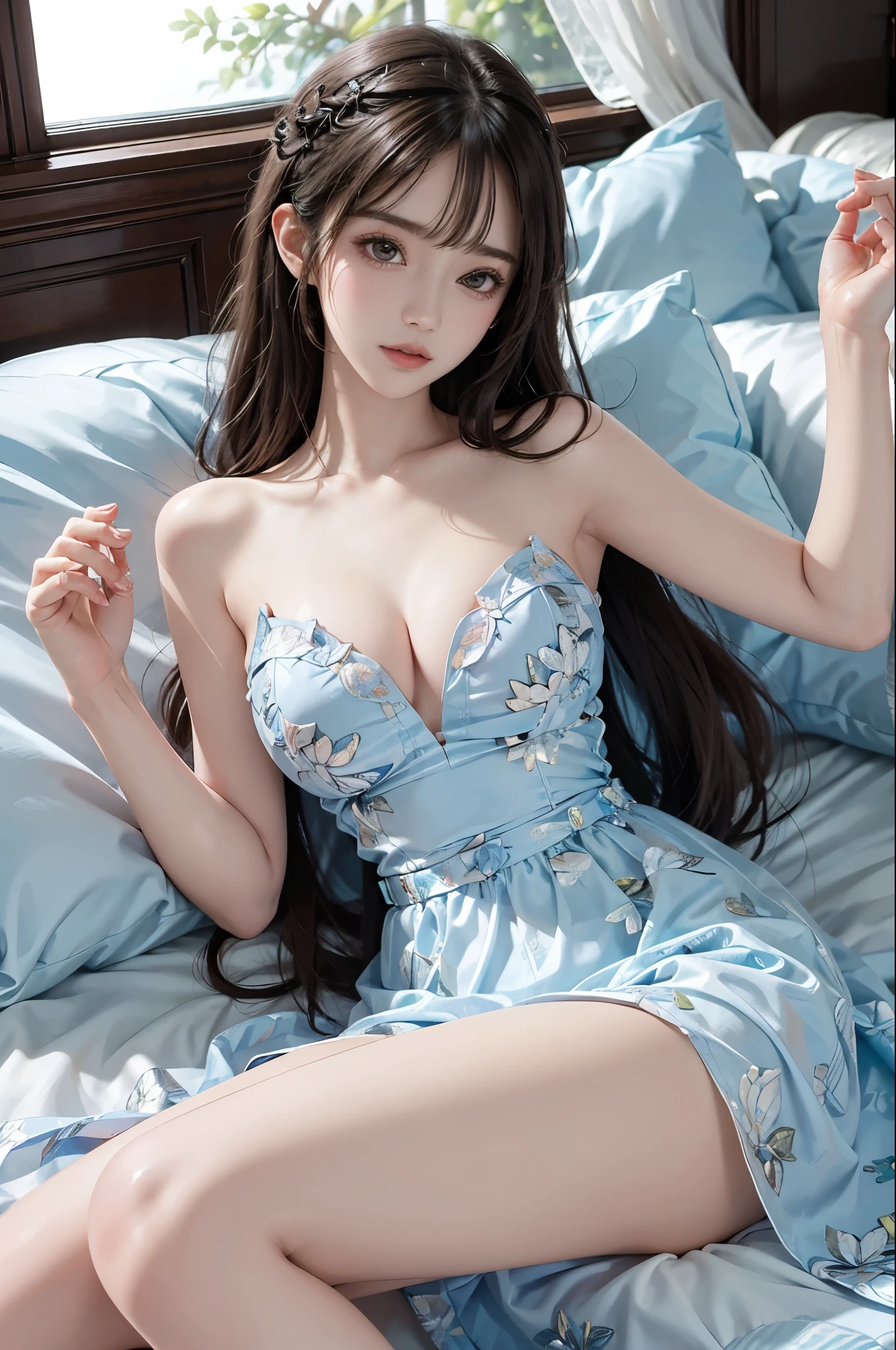 bare shoulders, dress, Best quality,Ultra-detailed,Realistic,A high resolution,Portrait,Beautiful woman, Palatial bed,ornate bed,Flawless makeup,suns rays,Beauty,elicate and refined,Stunning,