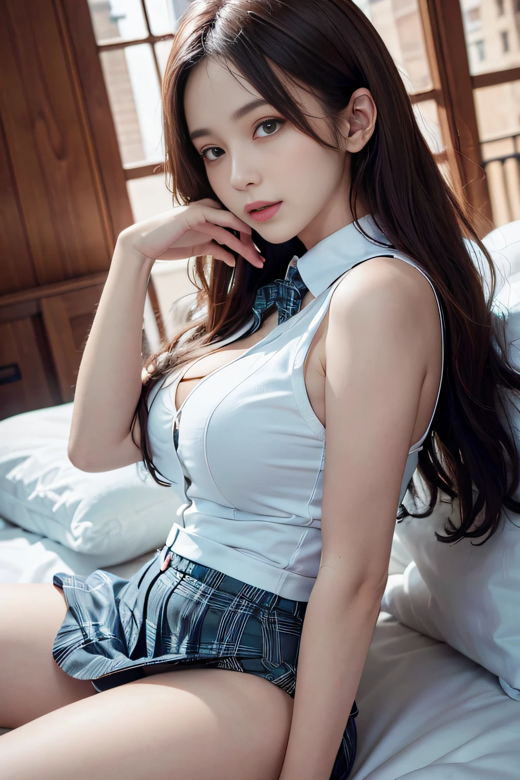 ((Girl lying on bed with head up)),(A hyper-realistic)、(illustratio)、(hight resolution)、(8K)、(ighly detailed)、(ベストillustratioレーション)、(beautifully detailed eyes)、(top-quality)、(ultra-detailliert)、(masterpiece)、(wall-)、(A detailed face)、独奏、1 girl in、looking at viewert、fine detailed、A detailed face、in the darkness nigth、deep-shadows、lowkey、pureerosfaceace_、long、Black shawl straight hair、46-point diagonal bangs,female students、(White Blazer、emblem on breasts)、Translucent white blouse、red bowtie、(Miniskirts in bright colors,Plaid)、M Character Opening Leg: White panties: 1.5, スカートの下からパンツが見えるlongい脚: 1.2,,8K, Best Quality, Ultra high definition, masutepiece, Realistic, Photorealistic, High contrast, Photon mapping, Real Image, Super Detail, low angles: 1.5, 1 girl, 独奏で: 1.5, Full body, Kepop Star, Kepop Idol, dress up like kpop, A sexy, Bare legged, high-heels,, Textured skin