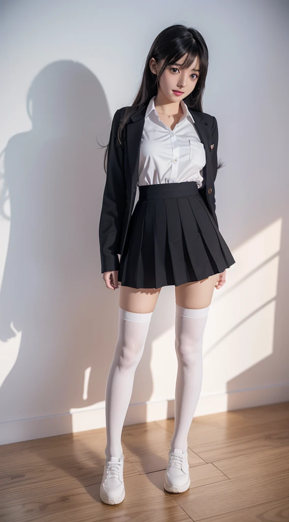 A beautiful woman poses for a photo in a short skirt and white shirt, Surrealism female students, Surrealism female students, Realistic schoolgirl, photorealistic anime girl rendering, thighhighs and skirt, 3 d anime realistic, small curvaceous loli, wearing skirt and high socks, Photorealistic anime, cute female student, Realistic anime 3 D style, Female Student
