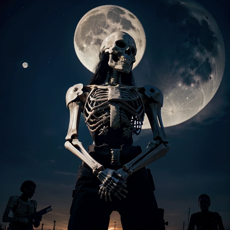 Skeleton holding two Glocks in hands shooting them up into the sky, with moon in the background