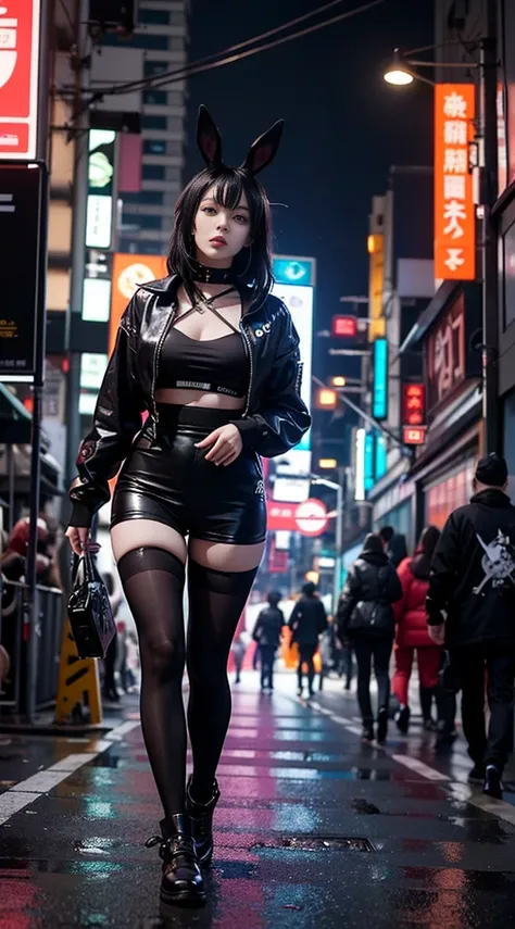 anime girl wearing bunny ears posing on city street, 柔和的cyber punk style, cyberpunk streetwear, female cyberpunk anime girl, cyb...