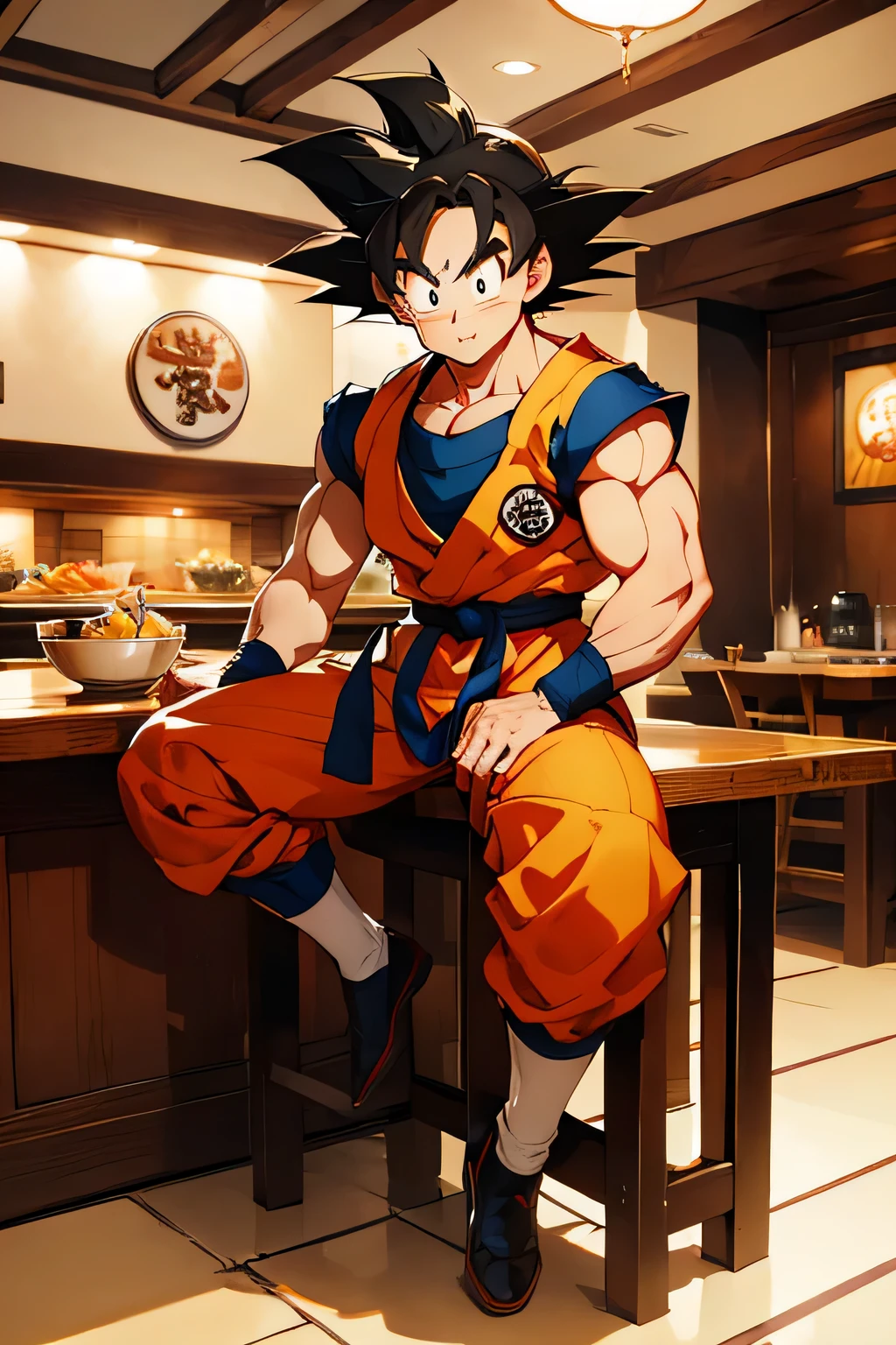high qulity, high qulity, (tmasterpiece), Best quality at best, Expressive eyes, Dragon Ball, Wukong, full-body portraits, restaurant Wukong, saiyan, kitchens, Martial arts uniform, sitting on a stool, noodle, tasting noodle, Noodle bowl, Large bowl, desks, bowl on the desks, male people,son Wukong， Wukong