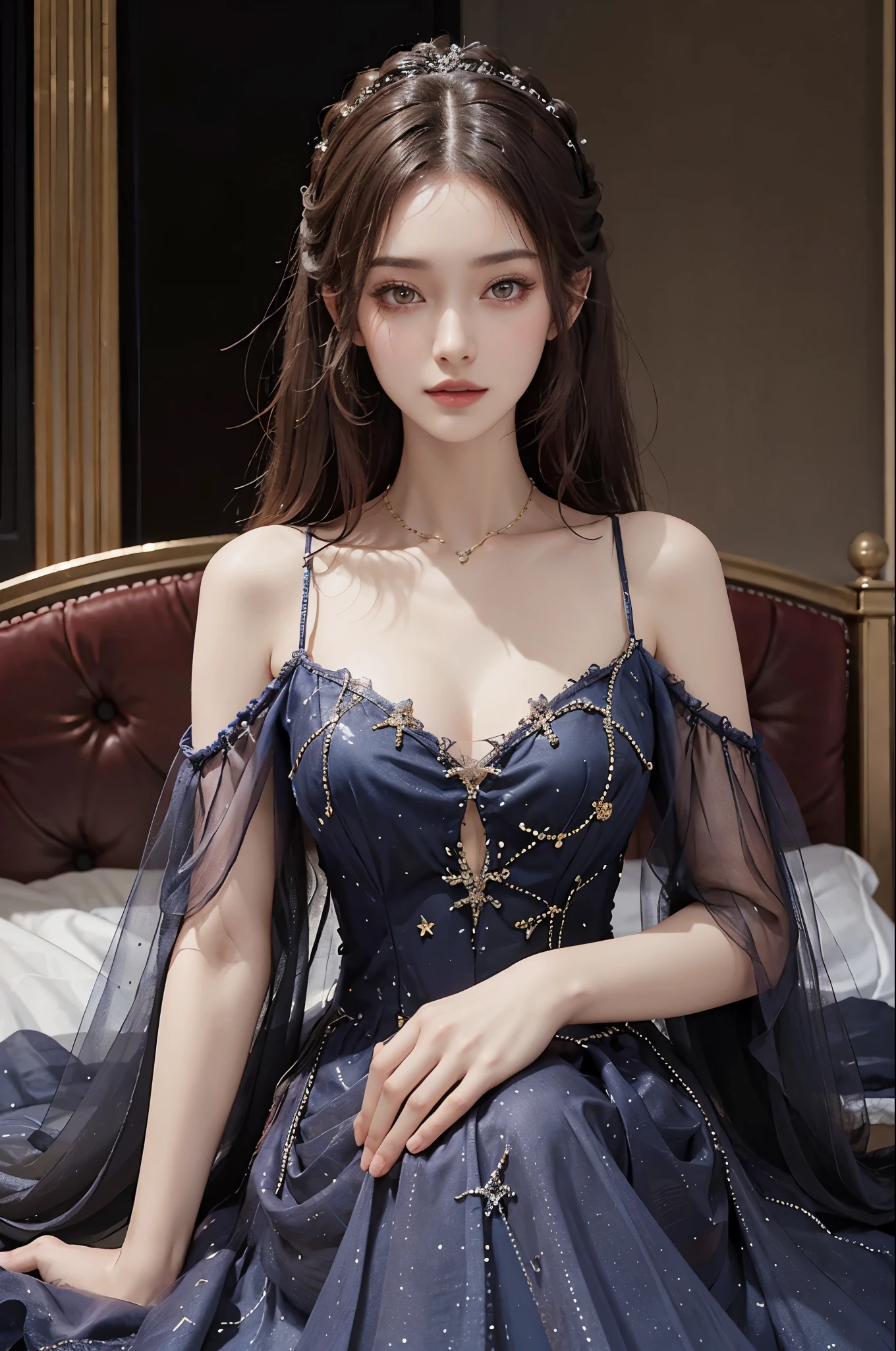 long dress,bare shoulders, Best quality,Ultra-detailed,Realistic,A high resolution,Portrait,Beautiful woman, Palatial bed,ornate bed,Flawless makeup,suns rays,Beauty,elicate and refined,Stunning,