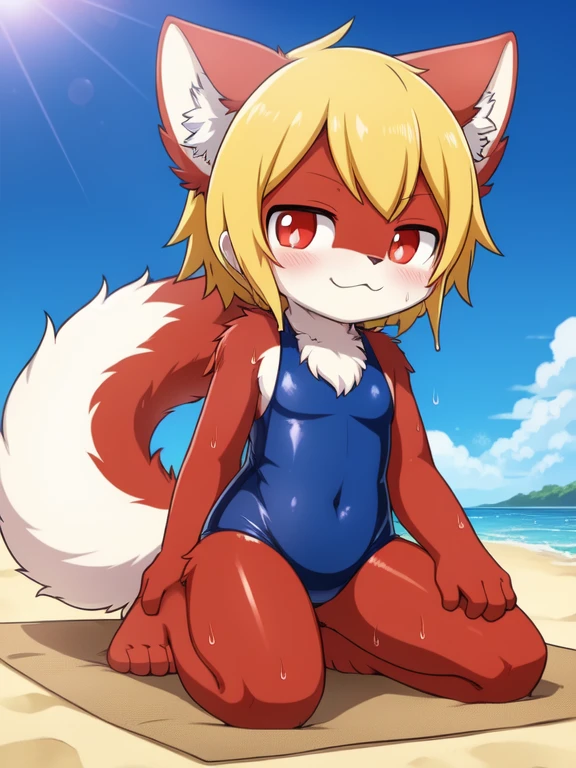 Alone, External, Red pupils,, (wet fur:1.4), detailed hair, young,one piece swimsuit,Firmware version, furry anime, Bragon, very cute face, face flushed, Playful, young, detailedbackground, Detailed fanart, pixiv, digitial painting, tmasterpiece, high high quality, A high resolution,knelt on the beach,random colors,random species,solo portrait,Foot mats,legs separated,The tail is in the right place,((posterior view))feet visible,Watching from behind,Cat's paws