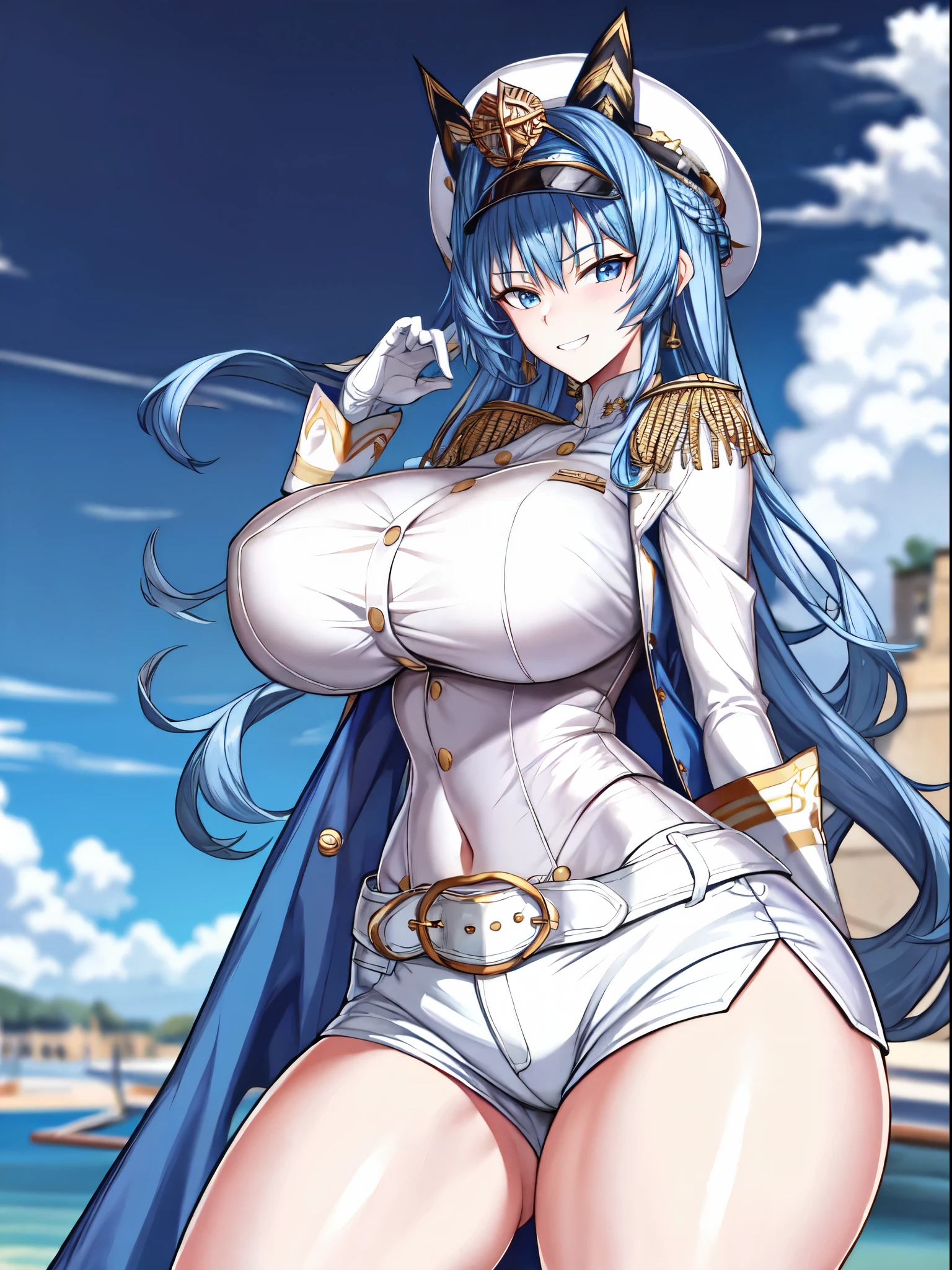 venusbody,helmdef, hat, military, white shorts, white gloves, BREAK (gigantic breasts:1.1),( :1.2),(thicc:1.3),scenery of battle ship ,midriff，grin