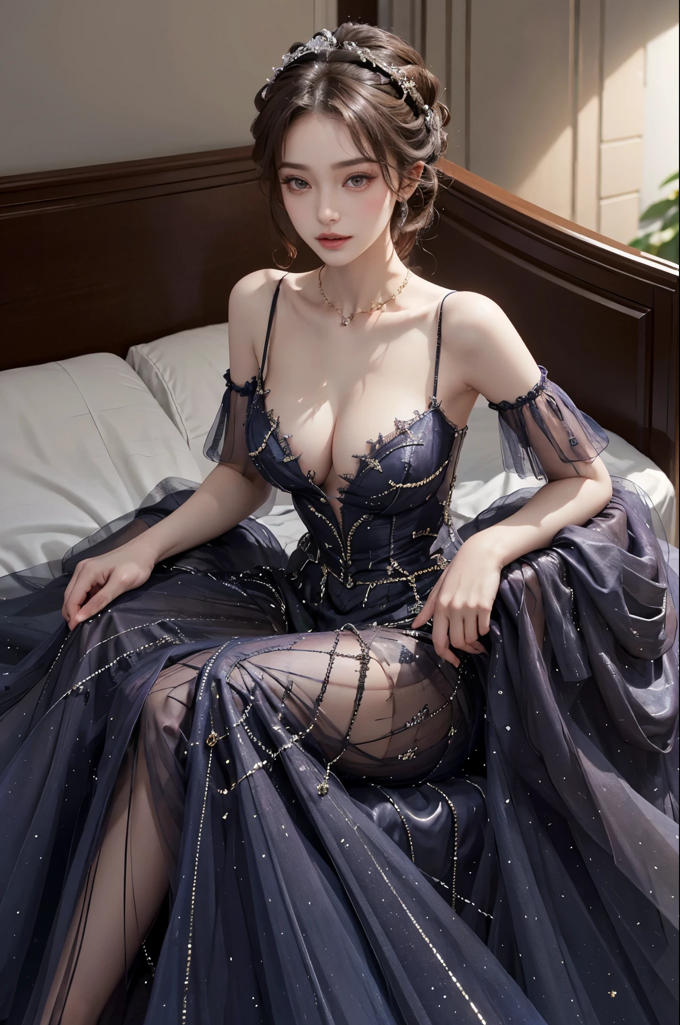 long dress,bare shoulders, Best quality,Ultra-detailed,Realistic,A high resolution,Portrait,Beautiful woman, Palatial bed,ornate bed,Flawless makeup,suns rays,Beauty,elicate and refined,Stunning,