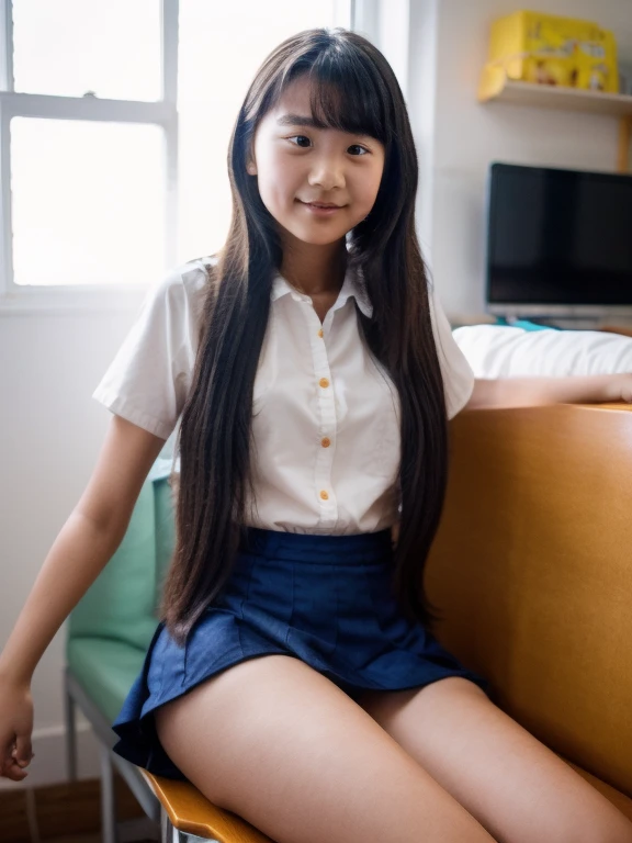 Beautiful 13 years old asian girl with long hair short skirt and wearing school uniform, flat chest, open the skirt, beautiful look, sitting pose, thighs open