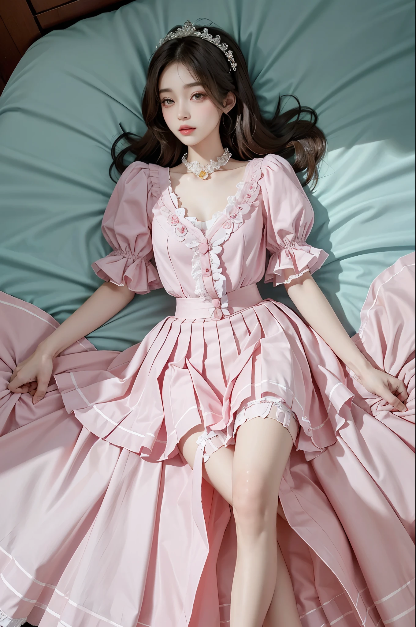 pleated skirt,pink skirt,pink sailor collar,, Best quality,Ultra-detailed,Realistic,A high resolution,Portrait,Beautiful woman, Palatial bed,ornate bed,Flawless makeup,suns rays,Beauty,elicate and refined,Stunning,