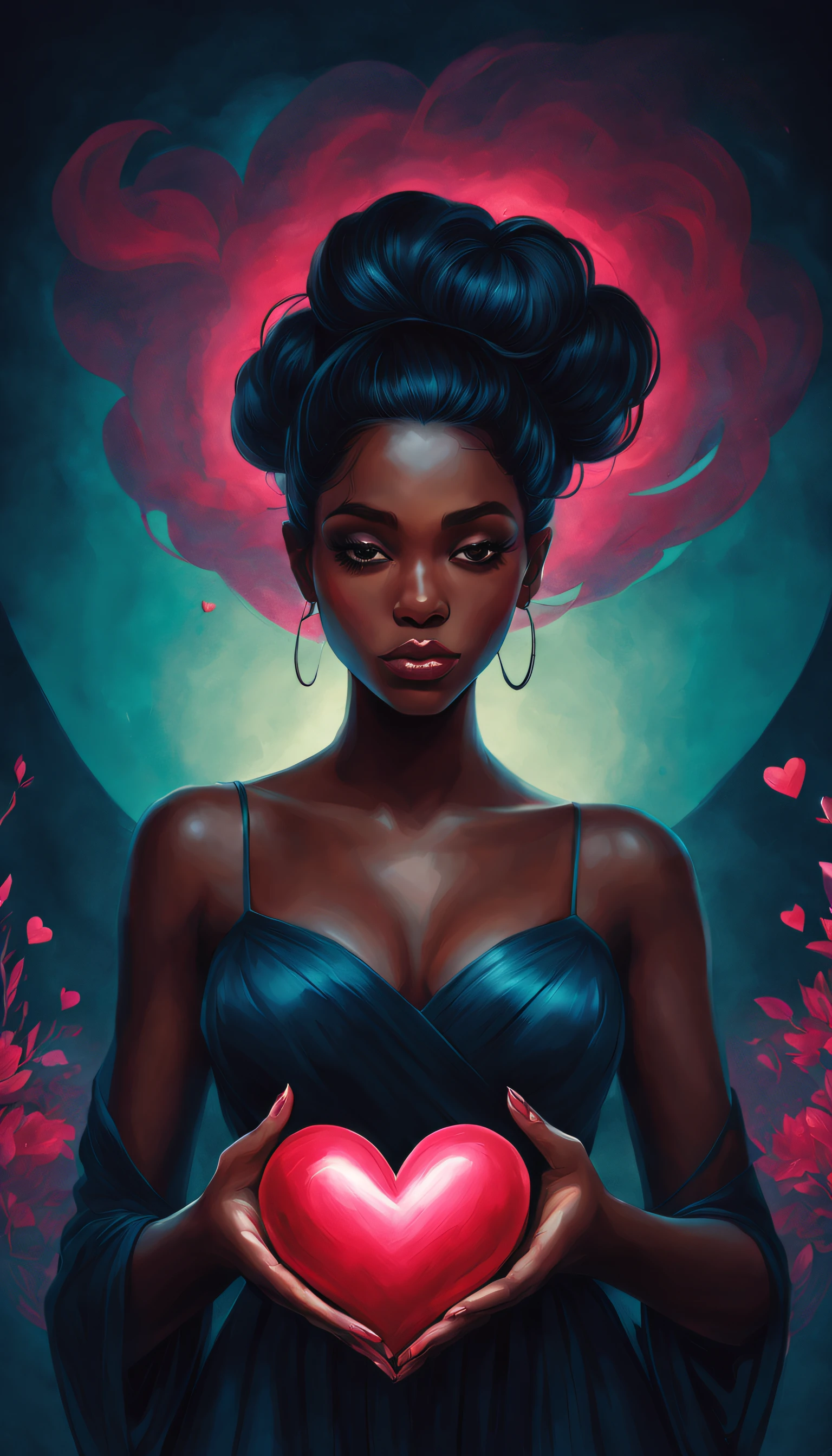 painting of a woman with a heart in her hands, neoartcore and charlie bowater, jen bartel, charlie bowater art style, beeple and jeremiah ketner, dark skin female goddess of love, artgerm julie bell beeple, charlie bowater rich deep colors, beautiful digital artwork, beautiful digital illustration, charlie bowater character art