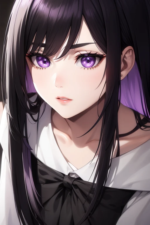 Purple eyes, small lips, sharp nose, cute, white skin, long black hair,