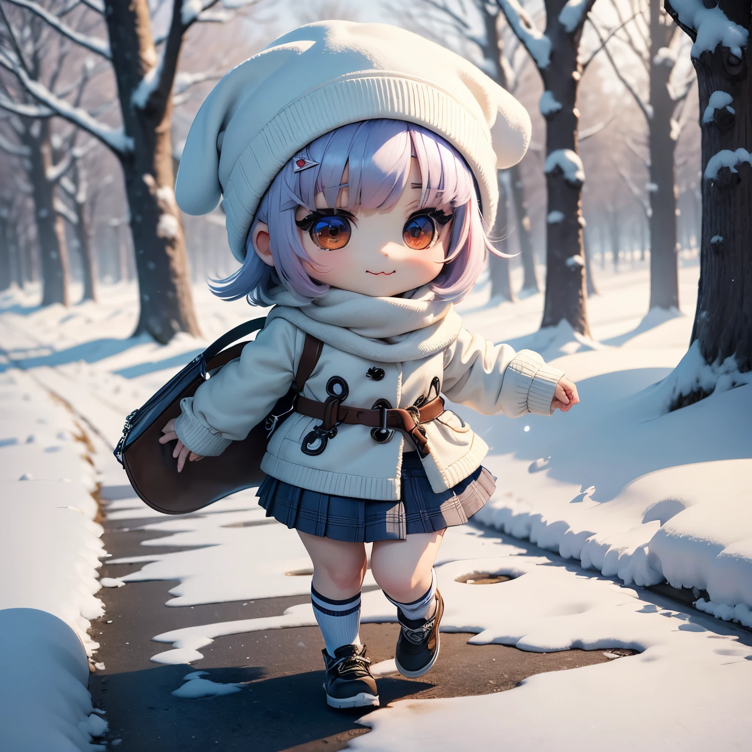 masterpiece、top-quality、ultra-detailliert、(Chibi Chara:1.27),On the way off school, The white bob sways in the wind,knit hat,glen plaid miniskirt,high socks,Trench coat for the winter,fairy tale snow forest,a smile,running happily