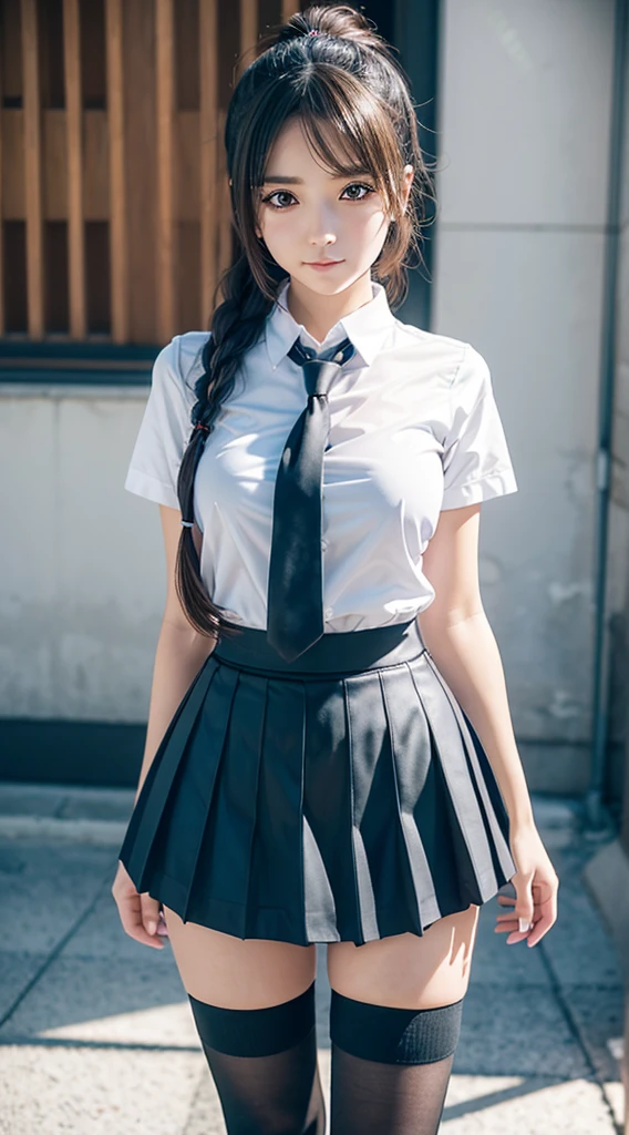 A beautiful woman poses for a photo in a short skirt and white shirt, Surrealism female students, Surrealism female students, Realistic schoolgirl, photorealistic anime girl rendering, thighhighs and skirt, 3 d anime realistic, small curvaceous loli, wearing skirt and high socks, Photorealistic anime, cute female student, Realistic anime 3 D style, Female Student