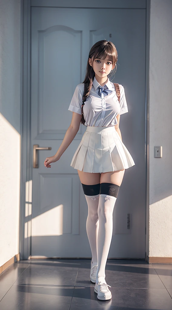 A beautiful woman poses for a photo in a short skirt and white shirt, Surrealism female students, Surrealism female students, Realistic schoolgirl, photorealistic anime girl rendering, thighhighs and skirt, 3 d anime realistic, small curvaceous ****, wearing skirt and high socks, Photorealistic anime, cute female student, Realistic anime 3 D style, Female Student