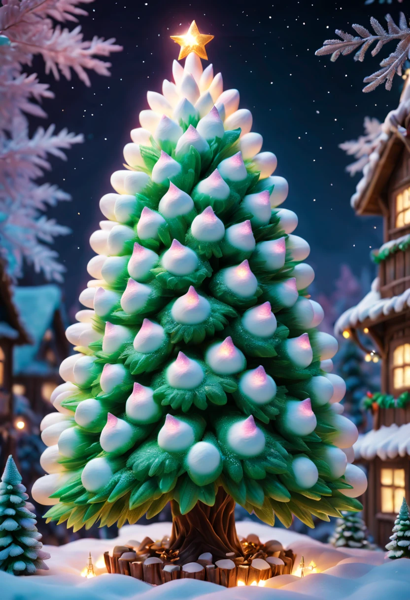 Fluffy Marshmallow Christmas Tree,(Best quality at best,4K,8K,A high resolution,tmasterpiece:1.2),ultra - detailed,(actual,realisticlying,照片般realisticlying:1.37),sweet,Vibrant colors,whimsically,Huge tree,sugar coated leaves,imagining,intriguing,light and ventilation,delight,Fantastical、edible、indulgent、The tall、Pleasant、Exhilarating、Rainbow、Candy heaven,sparkling decorations,Delicious candy bars,Shining Christmas lights,holiday decorations,Twinkling snowflakes,Comfortable winter environment,Pleasant节日气氛,starrysky,Twinkling stars,Crisp winter air,winter fairy tale,