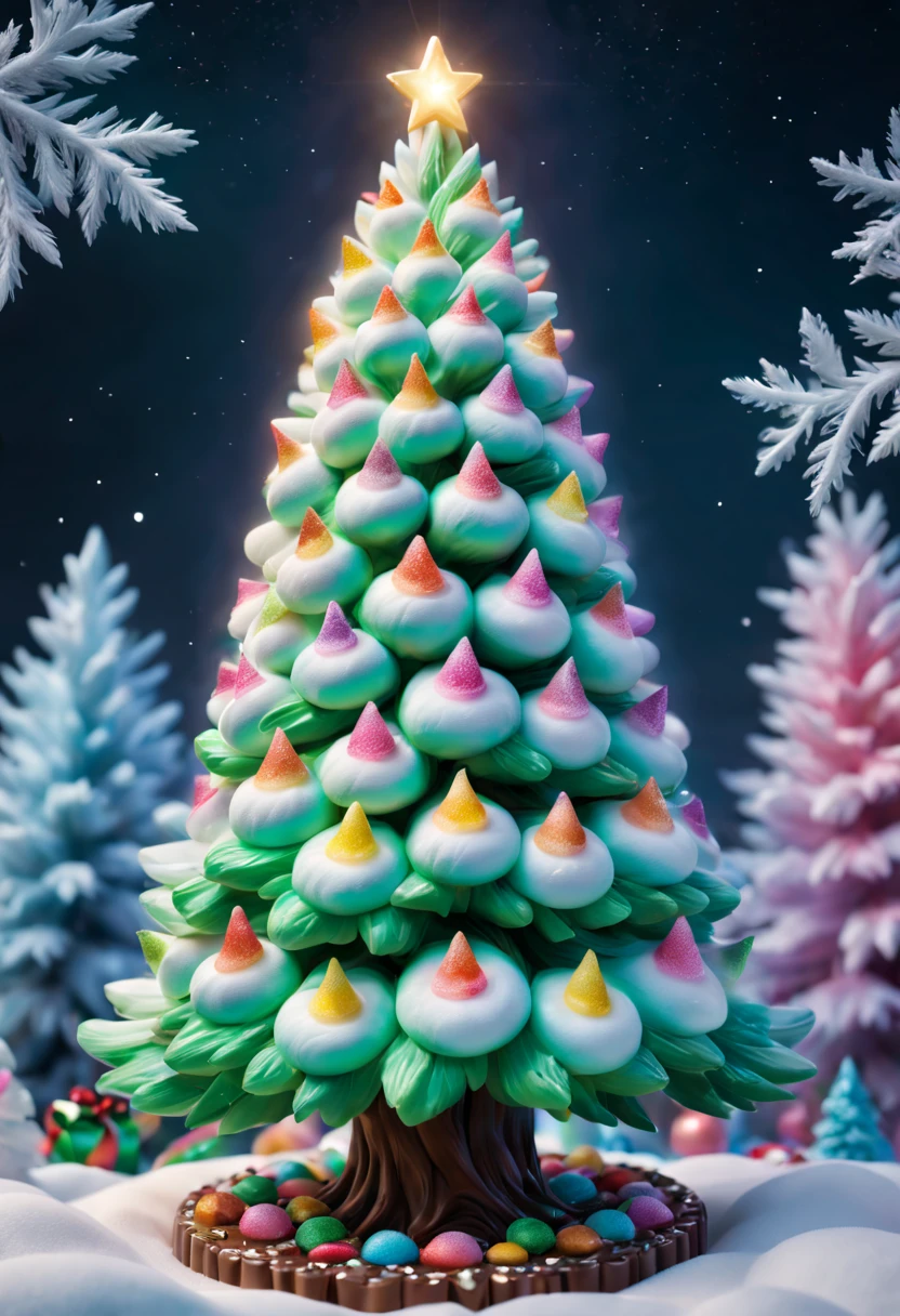 Fluffy Marshmallow Christmas Tree,(Best quality at best,4K,8K,A high resolution,tmasterpiece:1.2),ultra - detailed,(actual,realisticlying,照片般realisticlying:1.37),sweet，Vibrant colors，whimsically，Huge tree，sugar coated leaves，imagining，intriguing，light and ventilation，delight，Fantastical、edible、indulgent、The tall、Pleasant、Exhilarating、Rainbow、Candy heaven，sparkling decorations，Delicious candy bars，Shining Christmas lights，holiday decorations，Twinkling snowflakes，Comfortable winter environment，Pleasant节日气氛，starrysky，Twinkling stars，Crisp winter air，winter fairy tale，