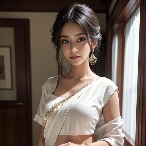 a cute woman in a white silk sari posing for a picture, featured on instagram, seductive, angular, , hot, sexy,