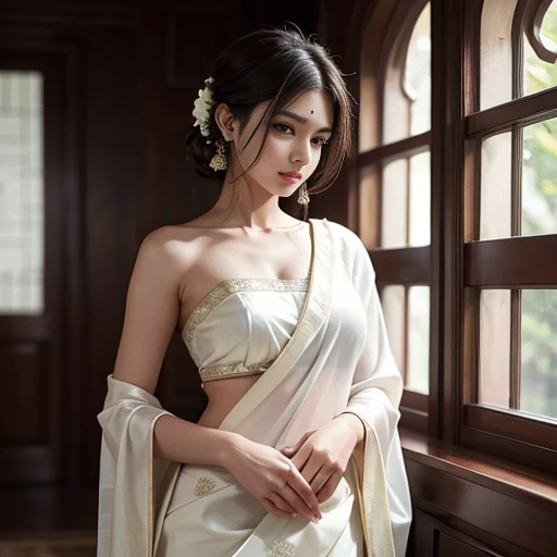 a cute woman in a white silk sari posing for a picture, featured on instagram, , angular, , hot, sexy,
